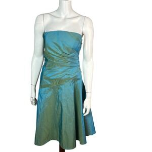 VTG Bombshell Raw Silk Dress Lazaro size 10 Teal Iridescent Shantung Strapless